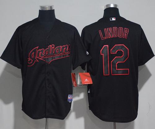 Indians #12 Francisco Lindor Black Strip Stitched MLB Jersey - Click Image to Close
